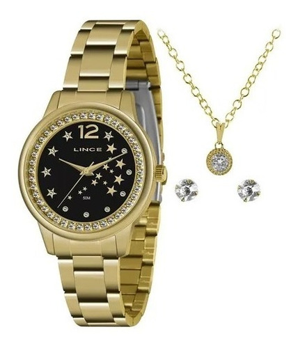 Relógio Feminino Dourado Lince Fundo Preto Prova D'água + Nf