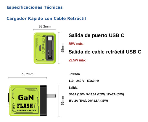 Cargador Carga Rápida 35w Con Cable Retractil Usb C Qc 3.0 Amarillo