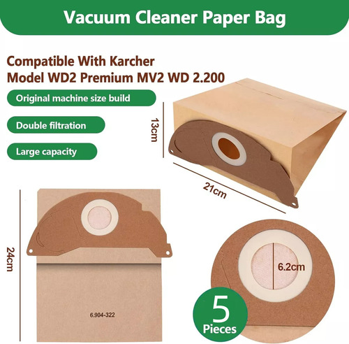 5 Bolsas Filtro Papel Aspiradora Para Karcher Wd2 Mv2 A2004