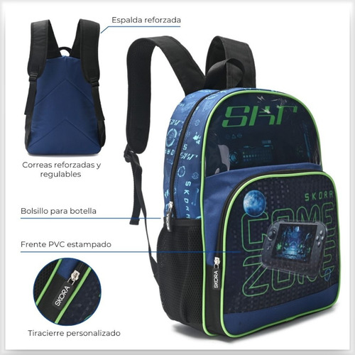 Mochila Skora 16 Pulgadas Escolar Reforzada Para Espalda Azul Gamer