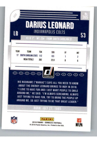 2018 Donruss Football 365 Darius Leonard Rc Rookie Card Indi