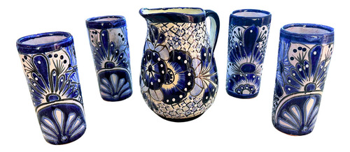 Jarra Con Vasos En Talavera Talavera Tradicional Color Azul