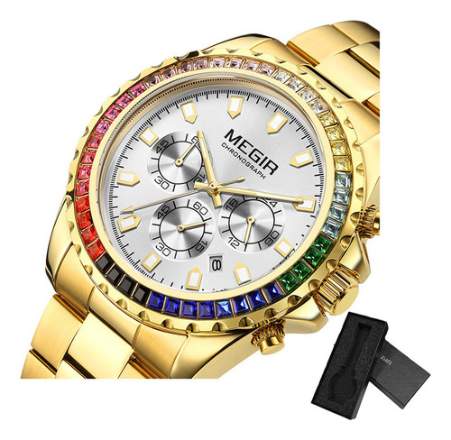 Reloj de pulsera Megir 2227 de cuerpo color sliver, analógico, para hombre, con correa de acero inoxidable color dorado y hebilla simple