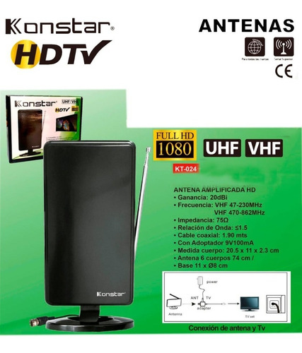 Antena Amplificada Hd Konstar Hdtv, Full Hd Kt-024 +delivery