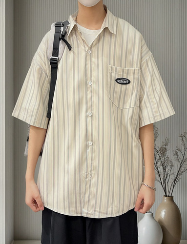 Camisa De Manga Corta A Rayas Para Hombre, Estilo Casual Hip