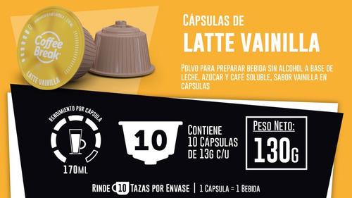 Capsulas Coffee Break Comp Dolce Gusto X10 U Latte Vainilla