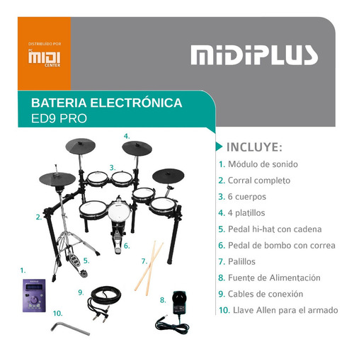 Imagen 3 de 8 de Batería Electrónica Midiplus Ed9 Pro 6 Cuerpos 4 Platillos