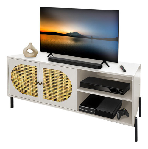 Red Velvet Mueble Para Tv Moderno, 2 Puertas Con Ratán Color Blanco