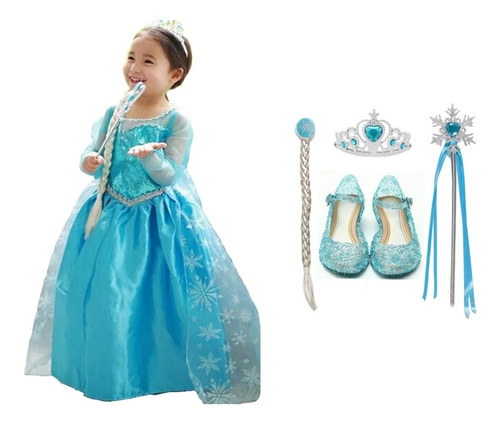 Disfraz Vestido Set Frozen+vara+corona+zapatos Cumpleaños 