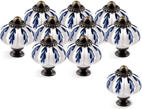 10 Tiradores Ieik Ceramica Forma Calabaza Blanco/azul 3.3cm