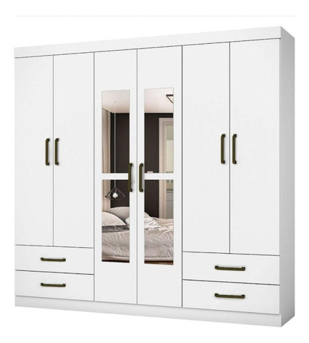 Guarda Roupa Casal Lu 6 Portas 4 Gavetas Com Espelho Branco