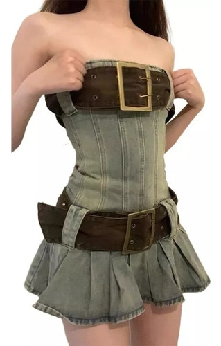 Minifalda De Mezclilla Con Vestido Lápiz Y Cinturón Grande