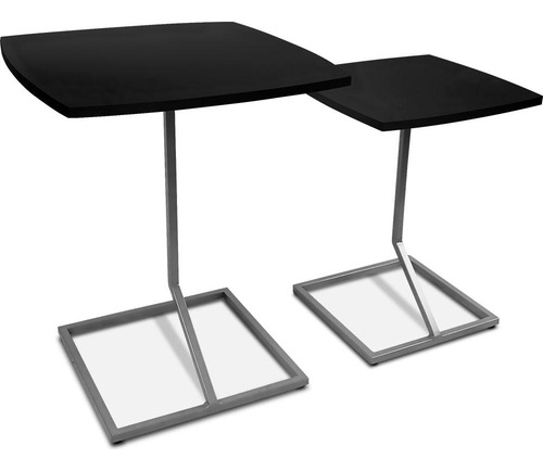 Conjunto Jogo Mesa De Canto Lateral Tip Tampo Quadrado Cor Prata/preto