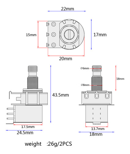 Potenciómetro De Eje Dividido B1m, Accesorio Para Guitarra,