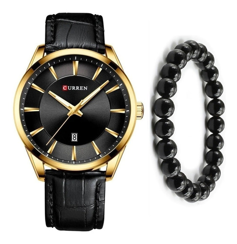 Relogio Curren Masculino Luxo Esportivo + Pulseira Bolinha Cor da correia Dourado Cor do bisel Dourado Cor do fundo Preto