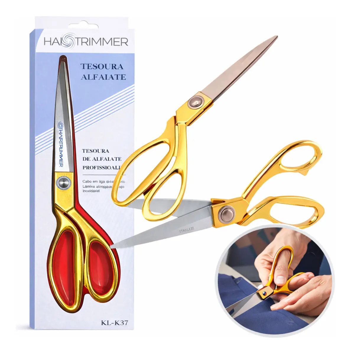 Tesoura Alfaiate Profissional Costura Tecido Aço Inox 24cm 9 5 Polegadas Corte Reto Cabo Metal Dourado Para Alfaiataria Artesanato Tapecaria marca Hair Trimmer