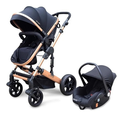 Imagen 5 de 10 de Cochecito de paseo Mega Baby Lanin travel system negro con chasis color dorado