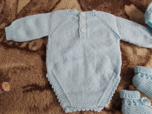 Body, Gorrita Y Escarpines Bebé Manga Larga Tejido Celeste 1-3 M