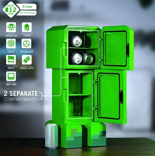Mini refrigerador Minecraft Creeper 62 cm e 2 portas, cor verde