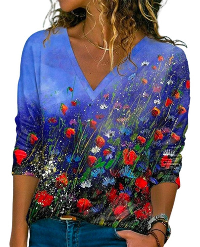 Camiseta Con Cuello En V Y Pintura De Flores