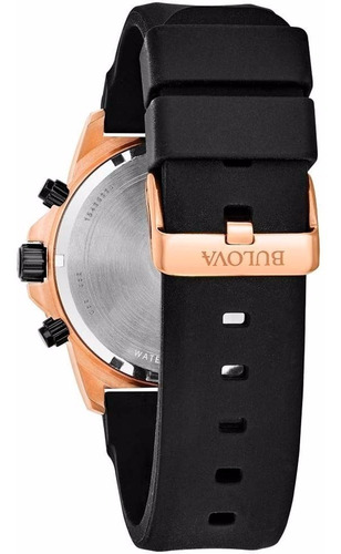 Bulova Marine Star104 Para Hombre Cronógrafo Original 98b104 Correa Negro Bisel Rosa claro Fondo Negro