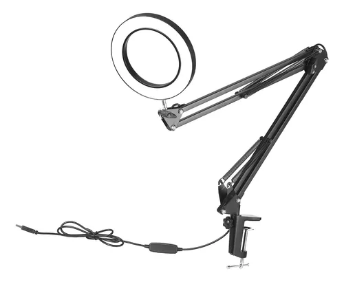 Lupa 5X con luz y soporte, 3 modos de color regulable continuamente, lente  de vidrio de 8 dioptrías, brazo giratorio ajustable, lámpara de escritorio