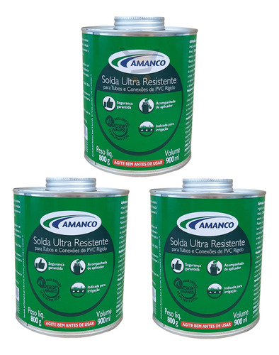 3 X Adesivo Solda Ultra Resistente Pvc Rigido Irrigação 800g Cor Verde