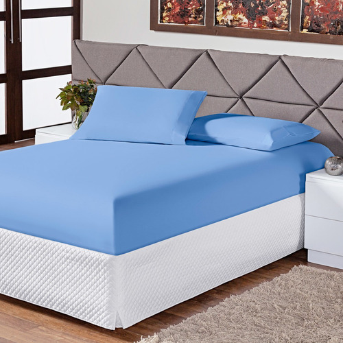 Jogo De Cama Casal Padrão Fronha Lençol Elástico 3 Peças Box Cor Azul Desenho Do Tecido Lisa