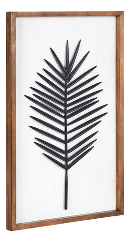 Placa Decorativa Hojas Metal Marco Madera 38x61 Cm Marrón