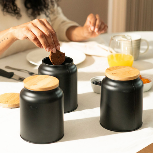 Pote De Açucar Sense Sugar Preto Fosco Com Tampa De Bambu