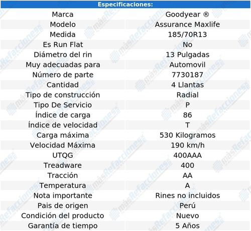 Kit De 4 Llantas 185/70r13 86t Goodyear Assurance Maxlife