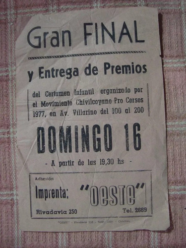 Afiche Gran Final Carnaval 1977 Chivilcoy Premios Reina (c1)