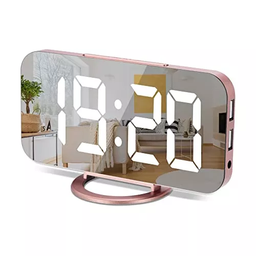 Reloj despertador digital, reloj de pantalla LED con espejo grande, reloj  de escritorio moderno con puertos de carga USB, modo de atenuación