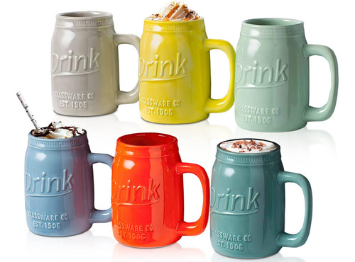 Juego De 6 Tazas Mason Jar De Cerámica 443ml, Colores Vibran