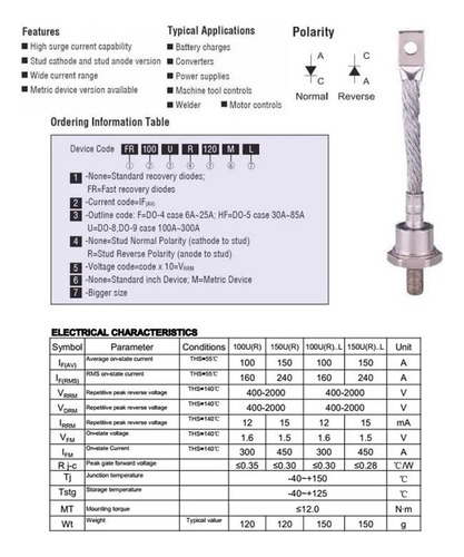 2 Diodo Rectificador 100a 1200v Anodo Rosca 12x1.75 100ur120