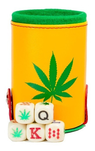 Cubilete Cannabis Con Portadados. 5 Dados Grabados