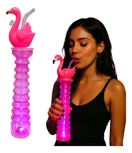 10 Vasos Yarda Flamingo Con Led Luminoso Fiesta Cumpleaños