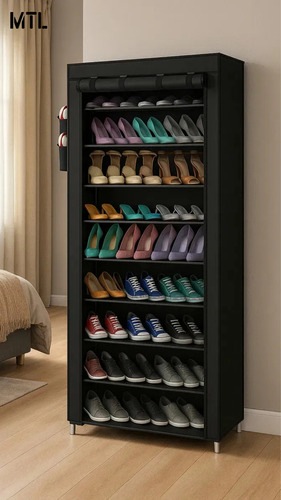 Zapatero Organizador Mtl Portatil Plegable 9 Estantes Color Negro Multiuso Facil Armado Estanteria Resistente Hogar Dormitorio Closet Zapatos Zapatillas