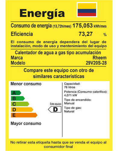Calentador De Acumulación A Gas 76 Litros