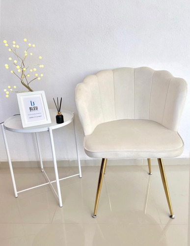 Silla De Comedor Tipo Shell Terciopelo Patas De Metal Dorado Asiento Beige