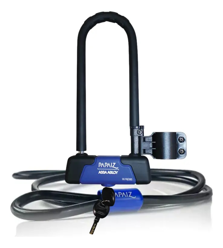 Cadeado Trava U-lock Papaiz Reforçado com Cabo Aço 1,2m Bicicleta Moto Roda Pneu Portão 2 Chaves Pantográficas