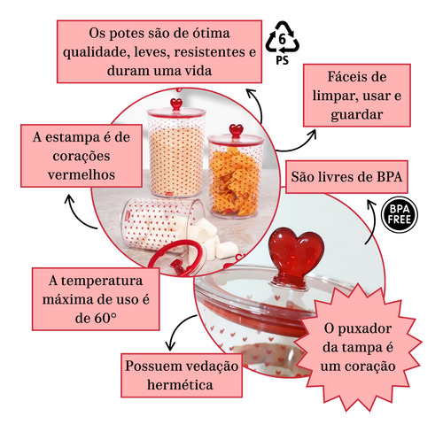 Conj 3 Pcs Porta Mantimentos Pote Hermético Coração Plasútil