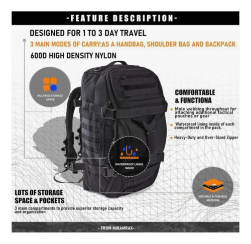 Bolso Mochila Táctico Bufalo 70 Lts Versátil Impermeable Negro Lisa
