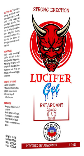 Erección Fuerte Y Prolongada Gel Lucifer 10 Ml . Retardante 