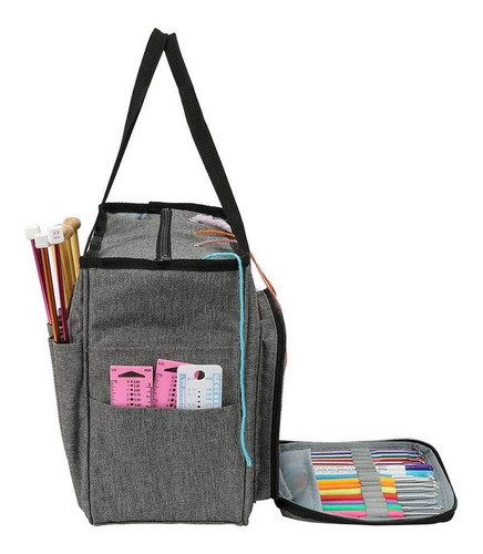 Imagen 3 de 7 de Bolso Gris Porta Tejidos Lanas Palillos Crochet Envio Gratis