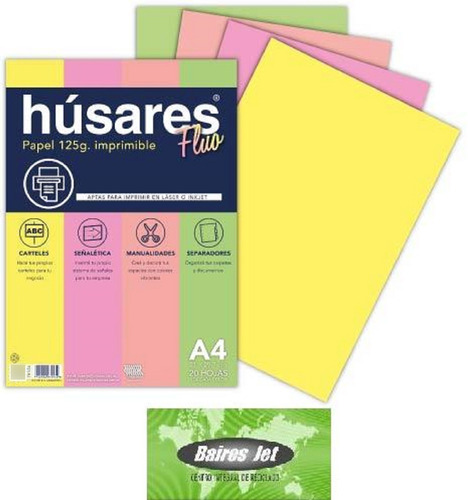 Husares 7953 20 Hojas Fluo A4 De 125 Gr X 4 Colores