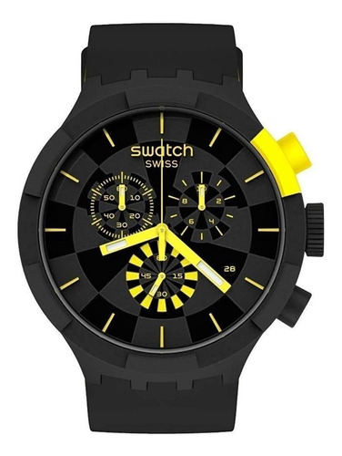 Reloj pulsera Swatch Originals Checkpoint de cuerpo color negro, analógico, fondo negro y gris, con correa de silicona color negro y amarillo, agujas color amarillo y blanco, dial amarillo, subesferas color negro y gris, minutero/segundero amarillo, bisel color negro y hebilla simple