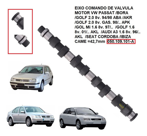 Eixo Comando Valvula Motor Vw Golf 2.0 8v. 94/98 Aba /akr