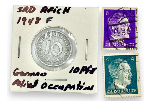 2 Estampilla Hitler + Moneda 10 Pfennig 1948f Ocupac Aliadas