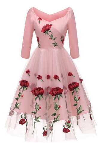 Vestido De Señoras Rosa Bordado De Malla Rosa